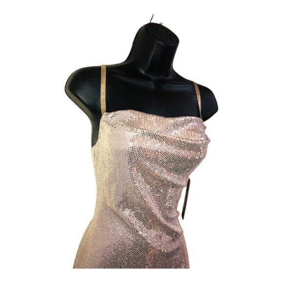 Bebe silver sequin cowl neck adjustable strap‎ slip style gown dress size large - Picture 9 of 15